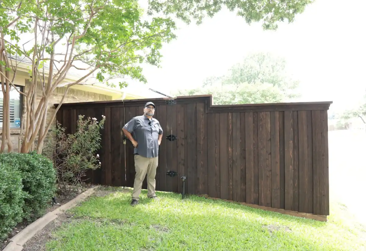 6 ft step-down Japanese cedar board-on-board fence with cap and trim, prestained dark walnut