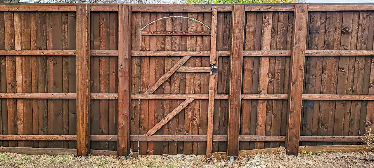Back side of a stained cedar fence with a framed walk gate