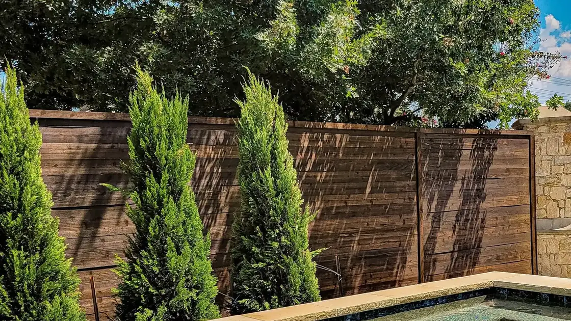 Horizontal cedar privacy fence behind a pool
