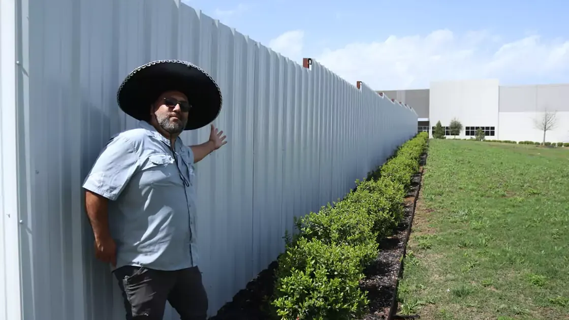 Long white sheet metal privacy fence